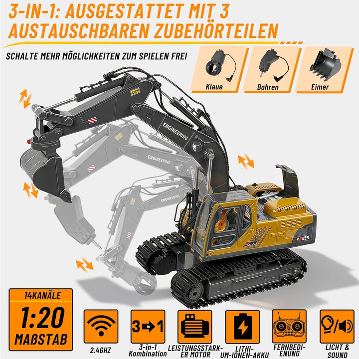 kolegend 3-in-1 Ferngesteuerter Bagger, 14-Kanal RC Bagger Spielzeug mit DREI Metallköpfen, 680° Dre