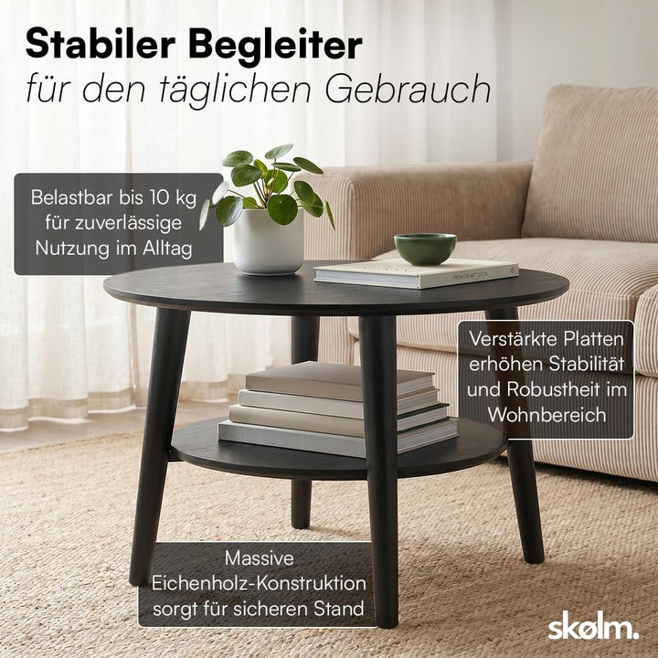 skølm Mjölnir Couchtisch rund Ø70 cm – Wohnzimmertisch aus Eiche Massivholz – Sofatisch mit 2 Ablage