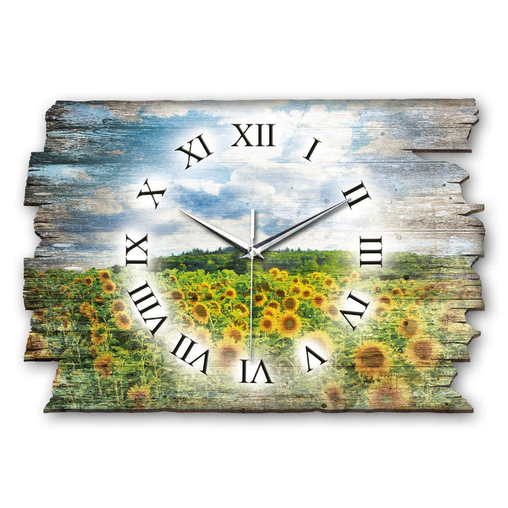 Kreative Feder Sonnenblumen Landhaus Shabby Style Designer Wanduhr Quarzuhr aus Holz *Made in German