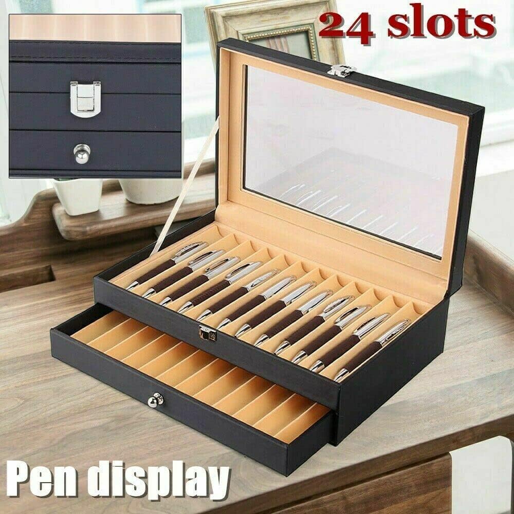 WindWilder Stifthalterbox mit vitrine für 24 Stifte, Schwarz Pen Display Box mit Anzeigefenster, Sti