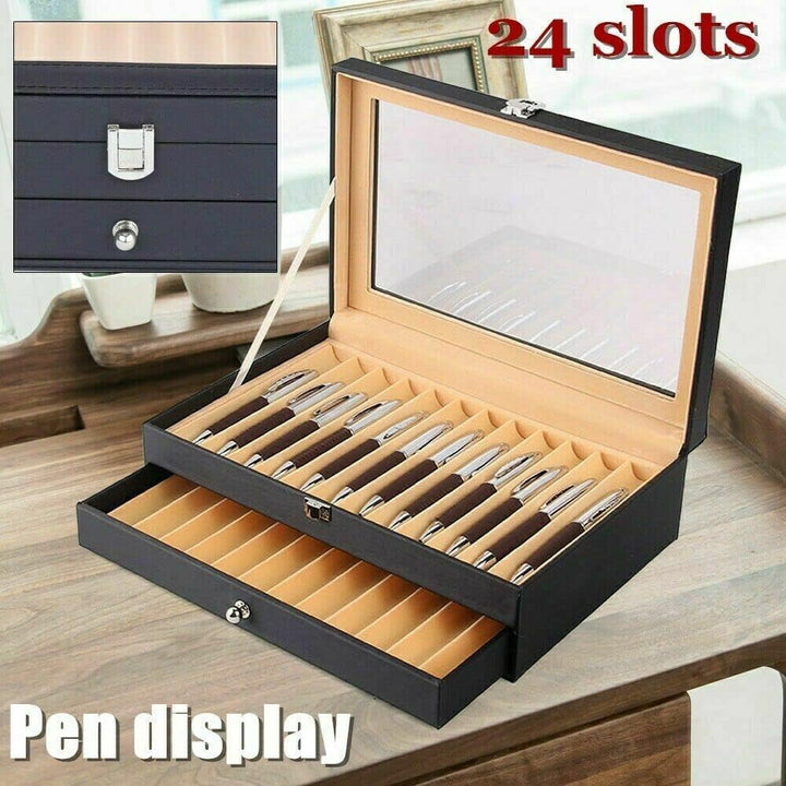 WindWilder Stifthalterbox mit vitrine für 24 Stifte, Schwarz Pen Display Box mit Anzeigefenster, Sti
