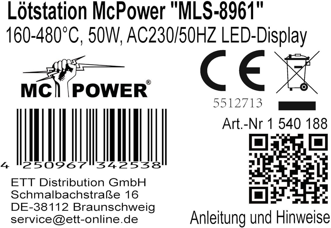 McPower Lötstation | MLS-8961 | 50W, 160–480°C, LED-Display, Lötkolben mit Soft-Griff, Temperaturreg