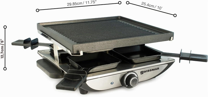 Swissmar Geneva Raclette 4 Personen, Raclette Grill mit Pfännchen und Schiebern, Mini Raclette-Grill