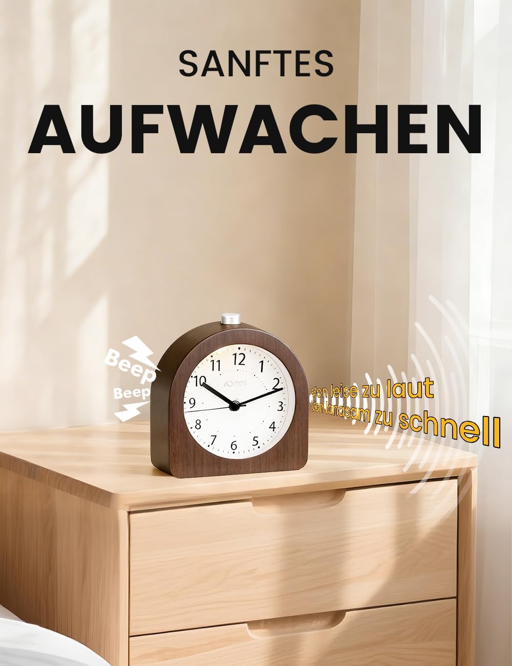 Wecker Analog Ohne Ticken, Wecker Holz mit Snooze, Nachttisch Tischuhr mit Nachtlicht, reisewecker m