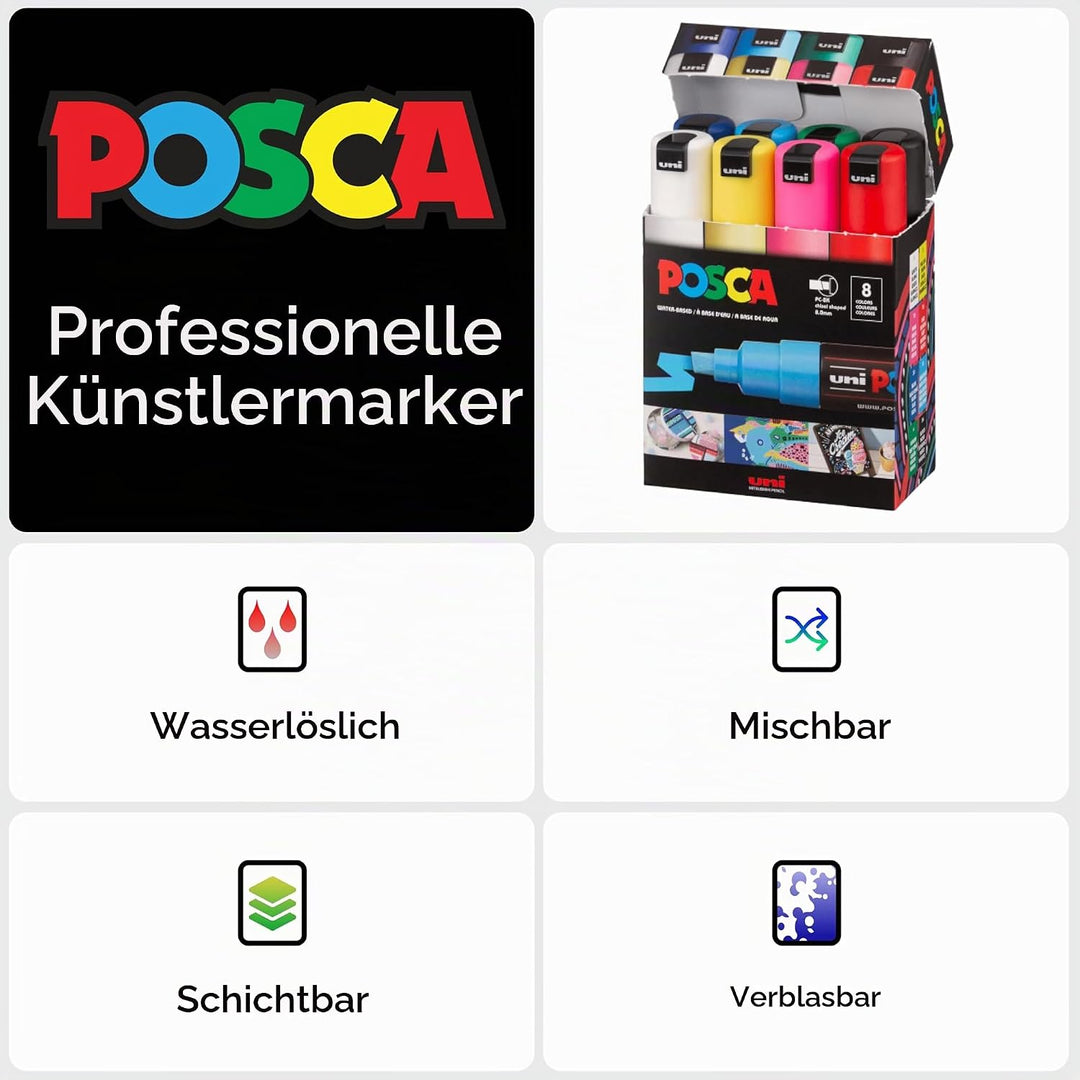 uni-ball 182608 - POSCA Marker mit breiter Keilspitze, 8er Set, Grundfarben 8er Set - Grundfarben, 8