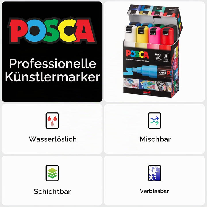 uni-ball 182608 - POSCA Marker mit breiter Keilspitze, 8er Set, Grundfarben 8er Set - Grundfarben, 8