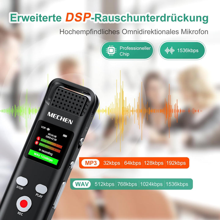 MECHEN V02 Diktiergerät 64GB, 1536Kpbs Digitales Aufnahmegerät mit One-Touch Aufnahme &amp; Rauschunterd