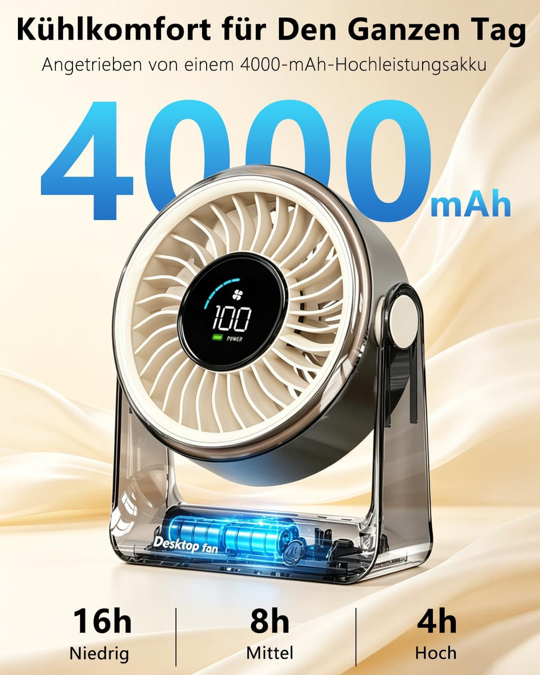 Tischventilator, USB Ventilator Akku, 6 Geschwindigkeiten Leise Ventilator mit LED Display, 360 ° Dr