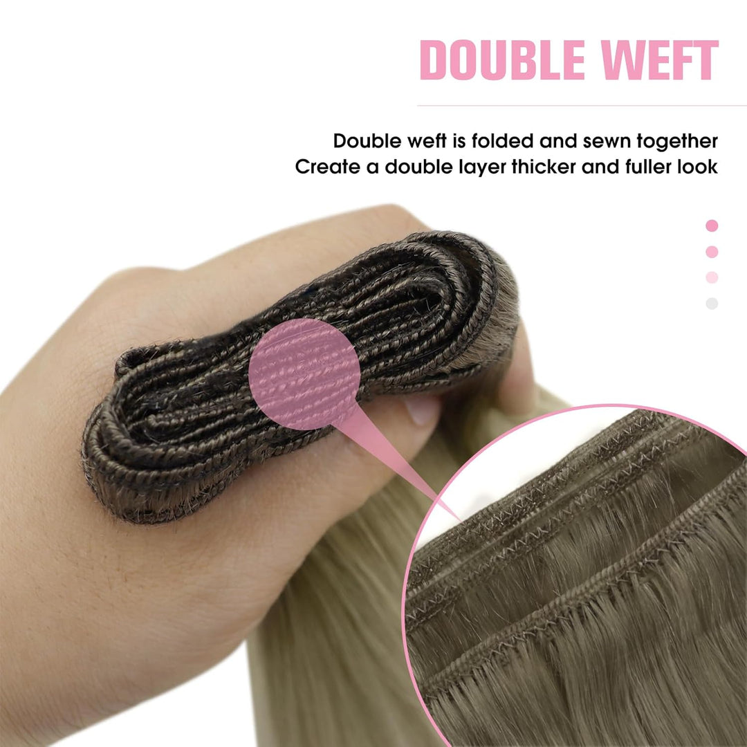 YoungSee Echthaar Tressen zum Einnahen Blond 40cm Tressen Echthaar Aschblond Ombre Blond Haartressen