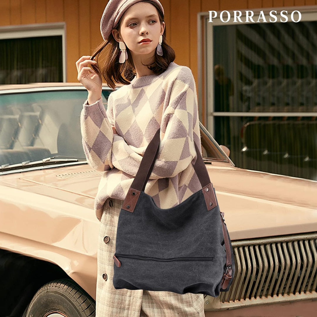 PORRASSO Damen Handtasche Casual Schultertasche Segeltuch Umhängetasche Frauen Hobotasche Crossbody