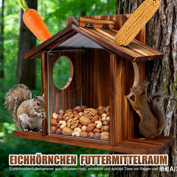 Eichhörnchen Futterhaus Wetterfest aus Holz – Robust Eichhörnchen Haus mit Leinöl-Beschichtung, Belü