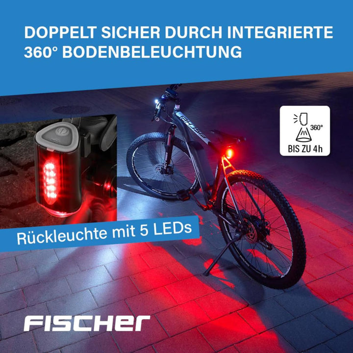 FISCHER Fahrrad-Beleuchtungsset, Front- und Rückleuchte, mit Akku, USB-Ladefunktion und Leuchtfunkti