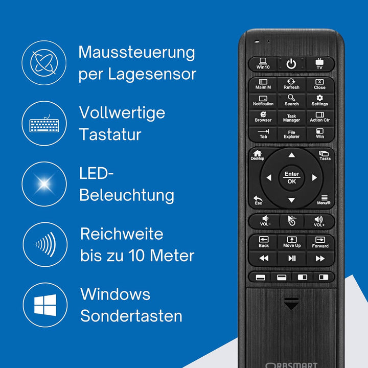 Orbsmart WA-1 kabellose Windows 10/11 Airmouse mit Deutscher Tastatur/inklusive Infrarot Anlernfunkt