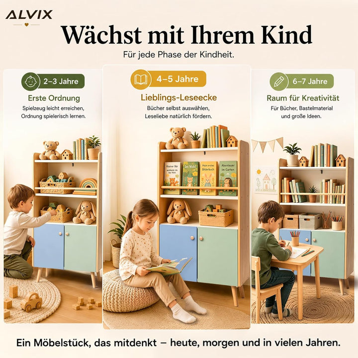 ALVIX Montessori Kinderregal mit 2 Türen und frontaler Buchablage | Bücherregal für Kinder, Spielzeu