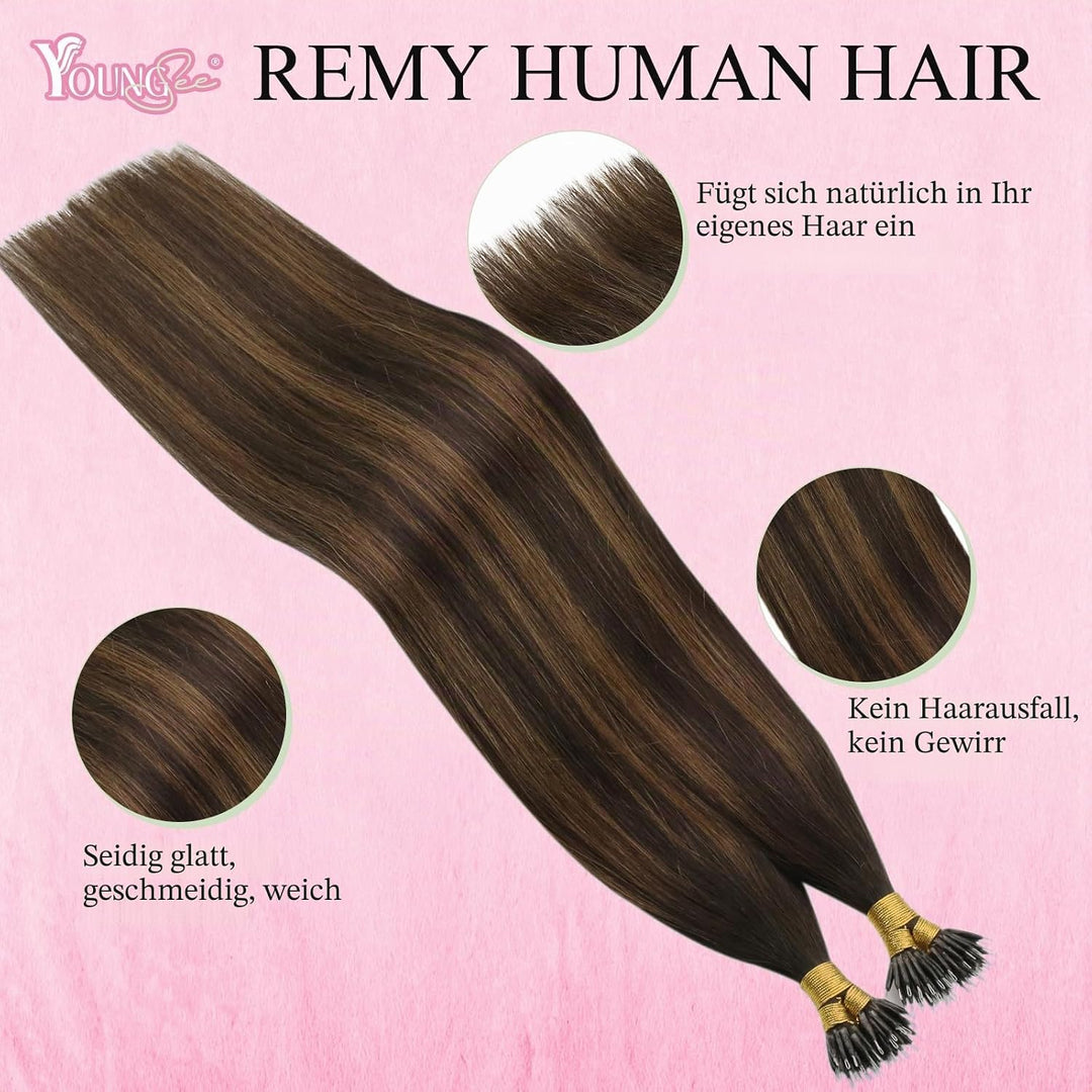 YoungSee Nanoring Extensions Echthaar Ombre Nano Extensions Echthaar Dunkelbraun Balayage Mittelbrau