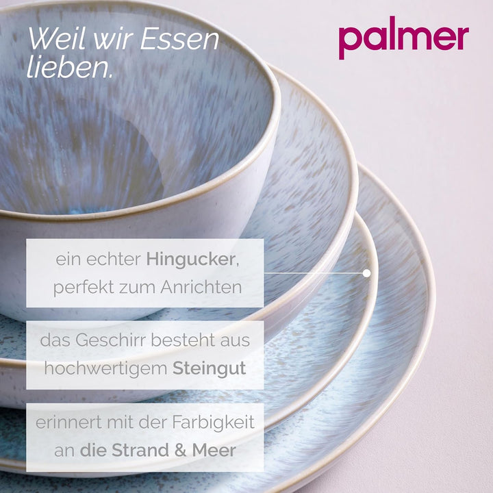 2 x palmer Light Blue Sea Teller Servieren flach im Set, Steingut, Ø 28,5 cm, beige hellblau gespren