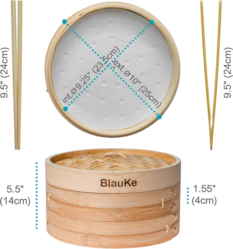 Bambusdämpfer (Bamboo Steamer) - 25cm mit 2 Etagen Bambus Dampfkörbe mit Deckel - 2 Paar Essstäbchen