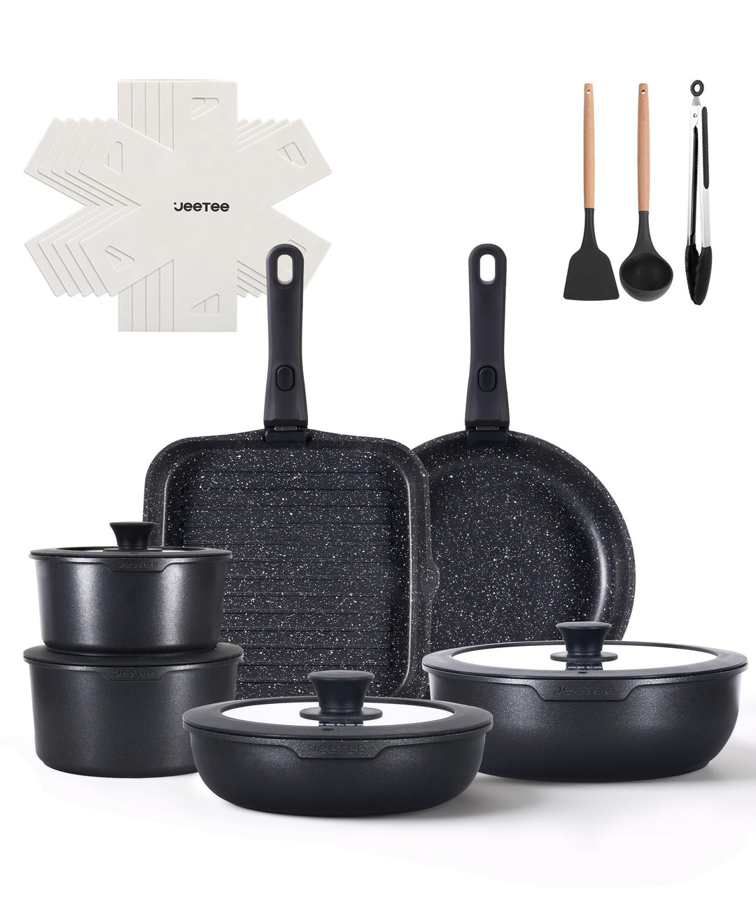 JEETEE Topfset und Pfannenset 19-teilig Antihaft mit abnehmbaren Griffen Schwarz 19 Pcs 19, Schwarz