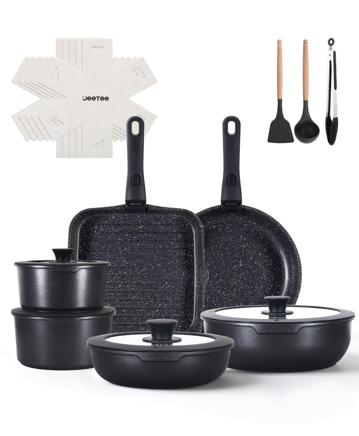 JEETEE Topfset und Pfannenset 19-teilig Antihaft mit abnehmbaren Griffen Schwarz 19 Pcs 19, Schwarz