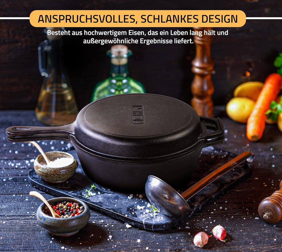 KICHLY Beschichteter Gusseisen Schmortopf, 2 in 1 Combo Kocher mit 26 cm (10.25 Inch) Pfanne und 3.2