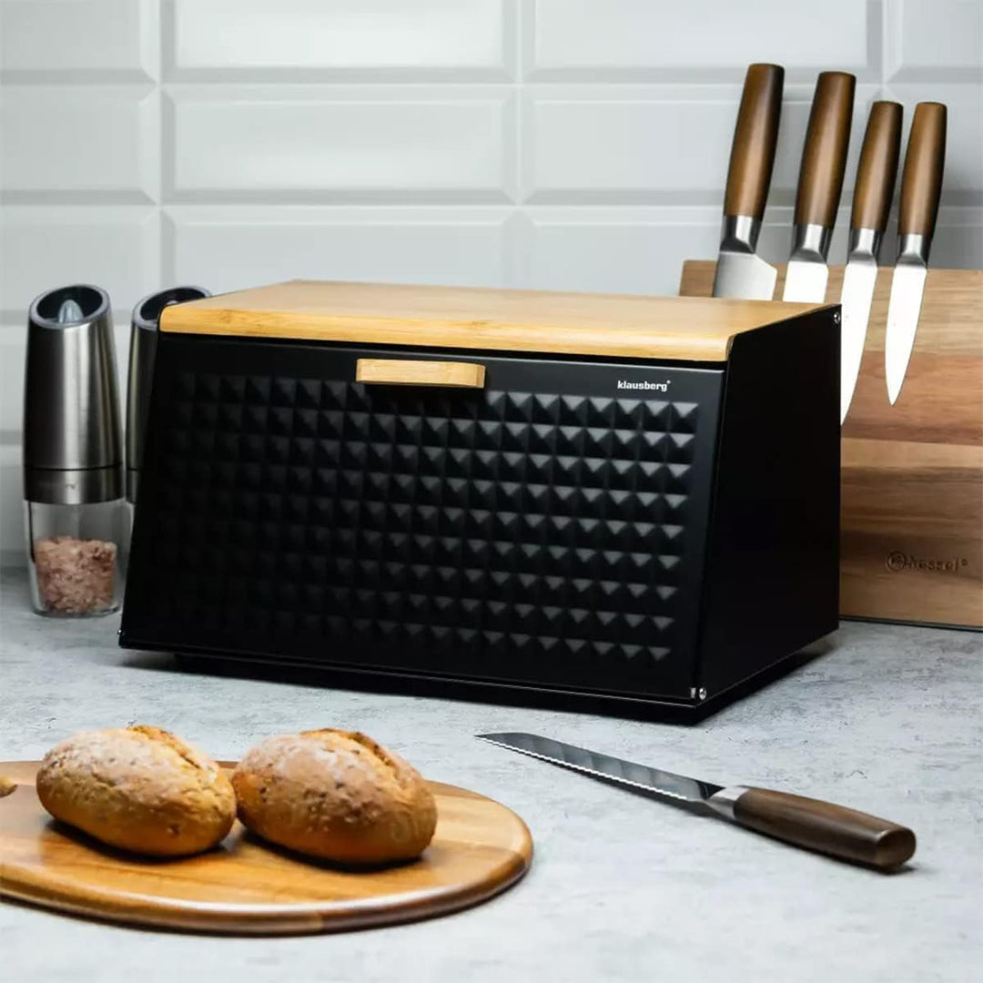 Klausberg Brotbox Brotkasten Brotkiste Holz Edelstahl Brotkorb (Black) Schwarz, Schwarz