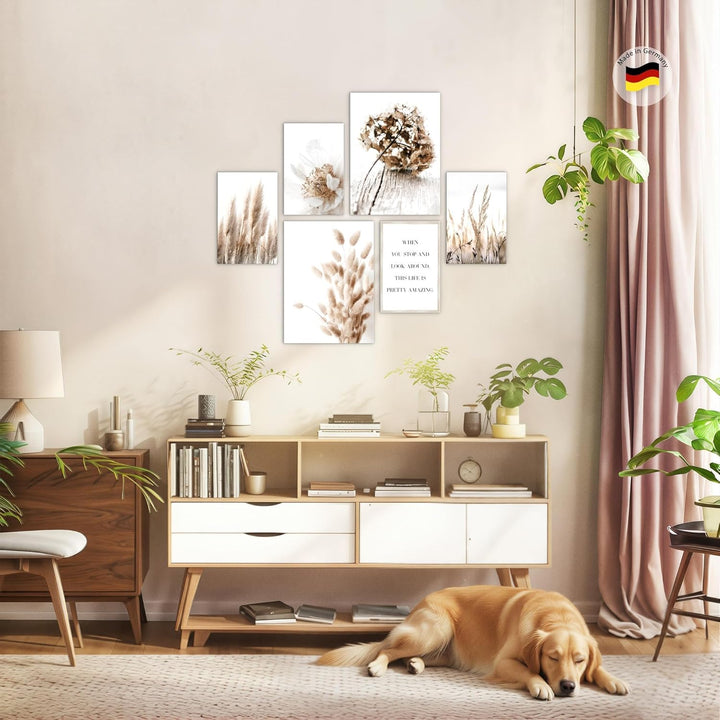 Novart Bilder Set - AUFHÄNGFERTIG - KEIN EXTRA RAHMEN BENÖTIGT - Boho Modern Beige - Wohnzimmer Schl