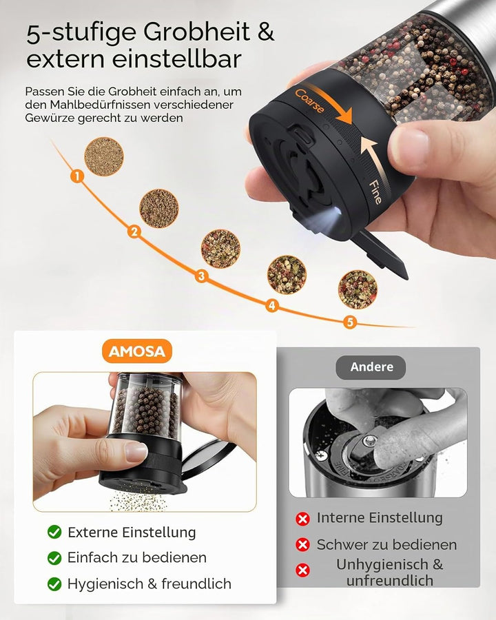 AMOSA Salz Und Pfeffermühle Elektrisch Set, Verbesserte 2-Gang-Stellung | 5 Stufen Äusserlich Verste