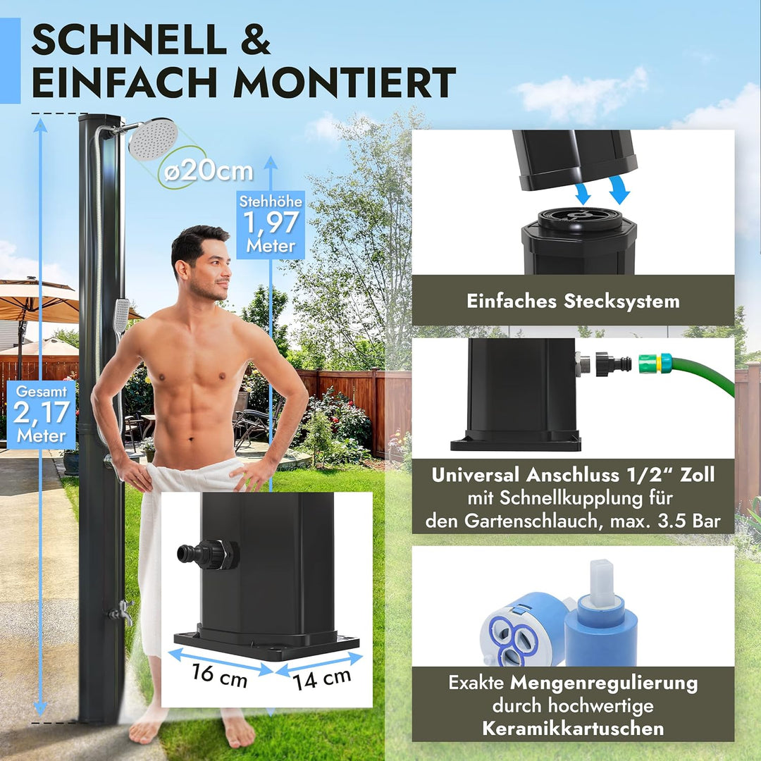 dirks-traumbad Solardusche mit Handbrause Schwarz Gartendusche 35 Liter mit Wasserhahn für Garten Wa
