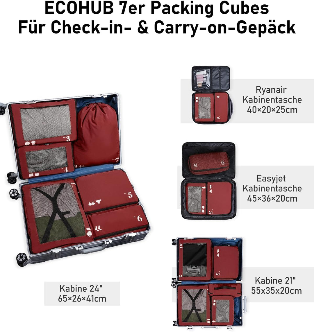 ECOHUB Packwürfel für Koffer, 7 Stück, Reise-Organizer, Verpackungstaschen, recyceltes PET, umweltfr