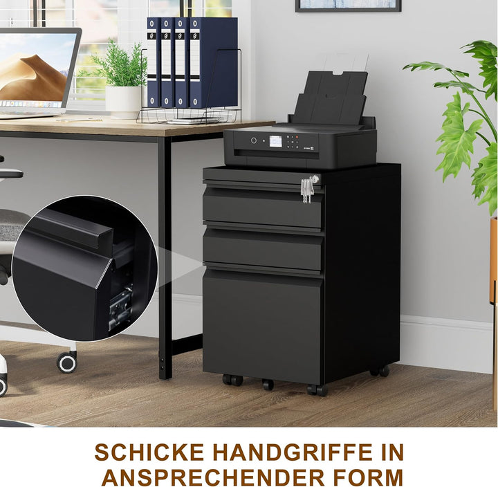 Rollcontainer, Aktenschrank Abschliessbar mit 4 Schlüsseln, Aktenschrank unter Schreibtisch, mit 3 S