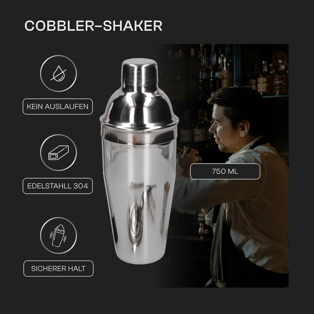 Whiskey Rocks 12-er Cocktail Shaker Set mit Bambusständer - Cocktail & Bar Zubehör - Paris Shaker 75