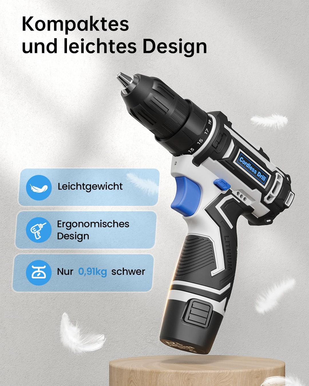 12V Akkuschrauber, Akkuschrauber Klein, 25+1 Drehmomenteinstellung Akkubohrer, 98tlg Zubehör, LED-Li