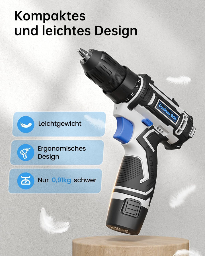 12V Akkuschrauber, Akkuschrauber Klein, 25+1 Drehmomenteinstellung Akkubohrer, 98tlg Zubehör, LED-Li
