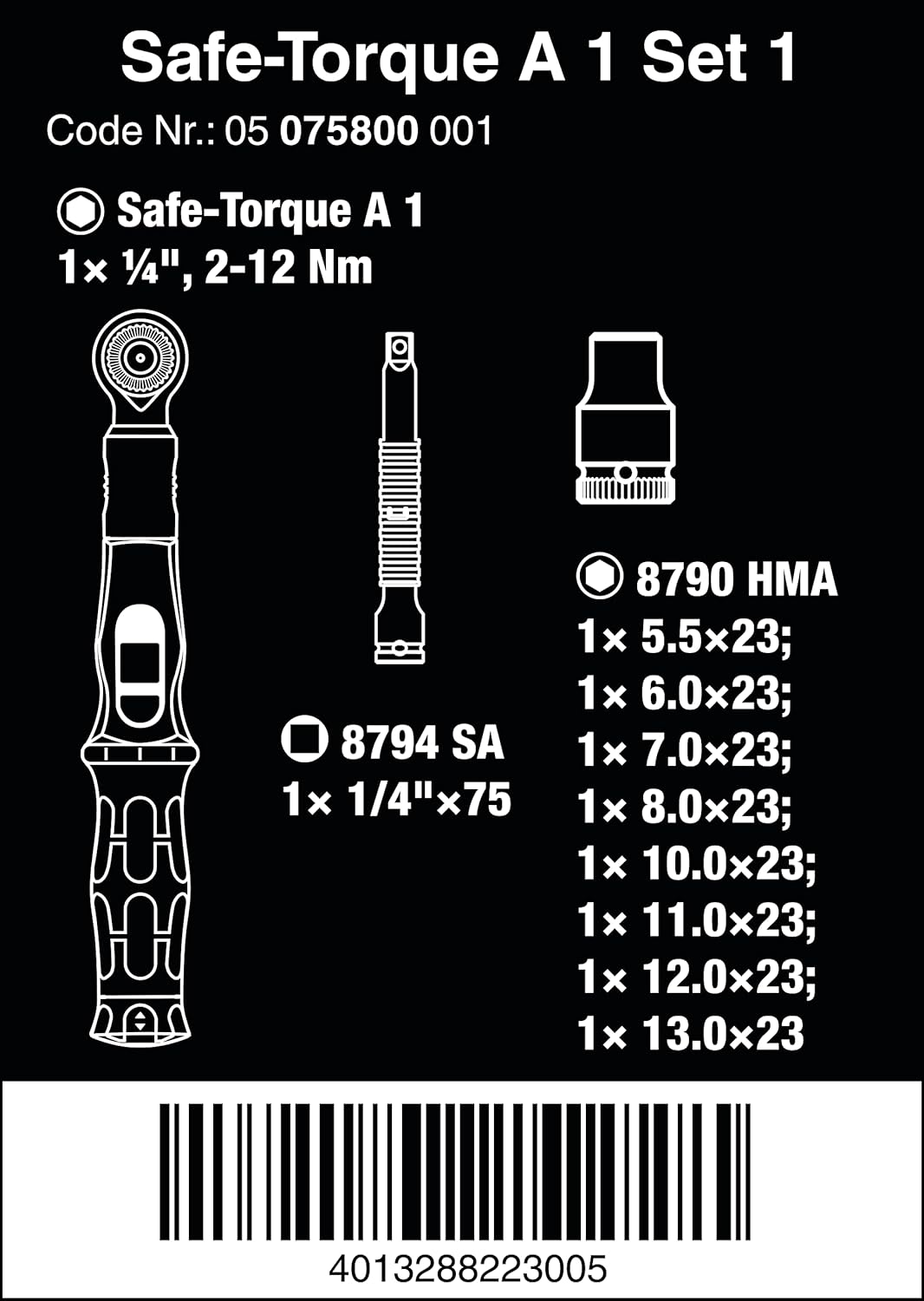 Wera 05075830001 Safe-Torque A 1 Set 1, Drehmomentschlüssel-Satz, 1/4" Vierkant, 2-12 Nm, 10-teilig,