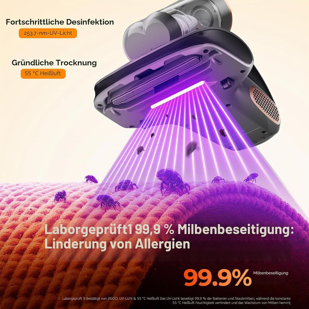 JIGOO S100 Kabelloser Matratzenstaubsauger: Tiefenreinigender Milbenstaubsauger mit UV-Licht gegen A