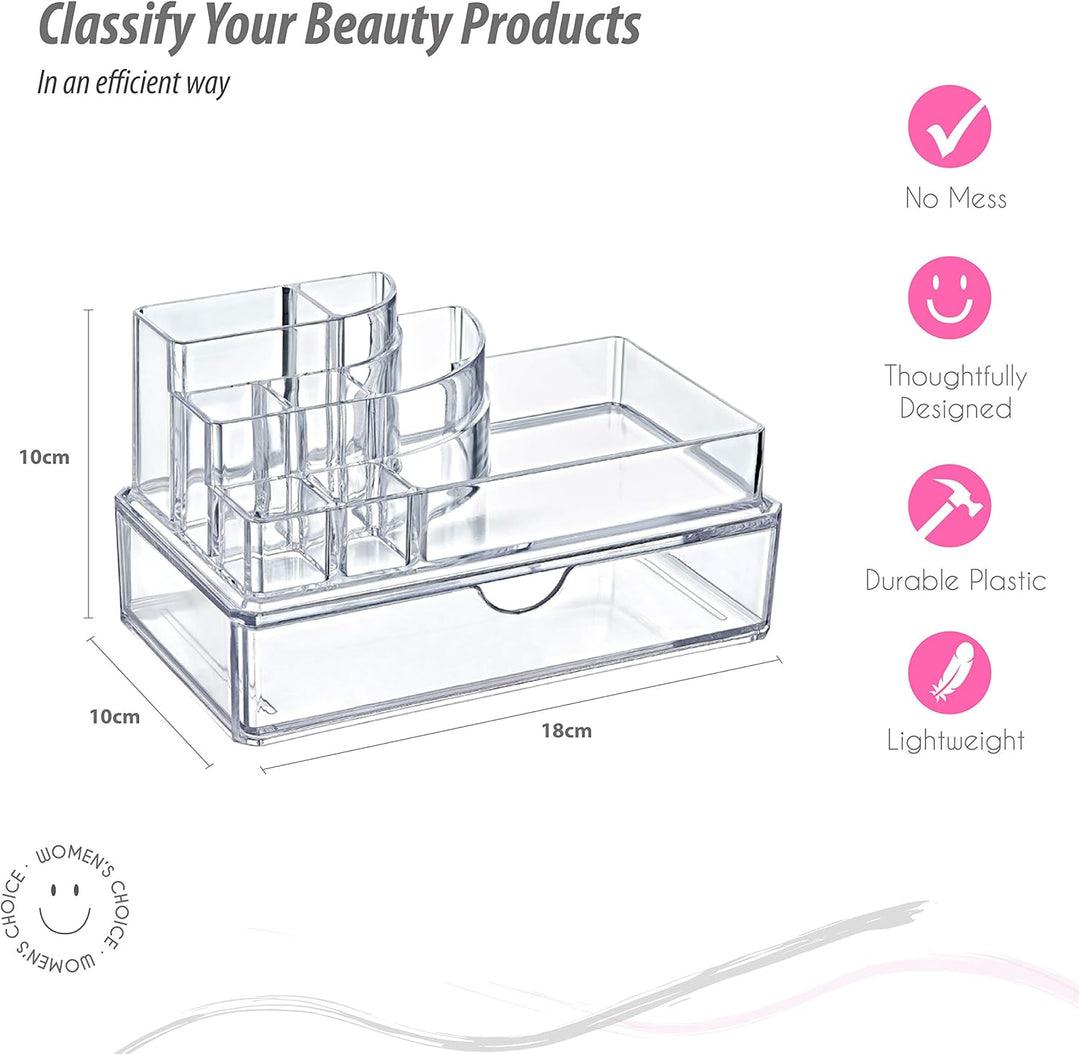 Kosmetik Organizer 2er Set Elegant mit Schublade, Transparent, 18 x 10 x 10 cm, 8 Fächer, Make-up Au