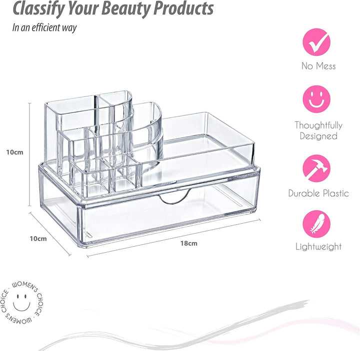 Kosmetik Organizer 2er Set Elegant mit Schublade, Transparent, 18 x 10 x 10 cm, 8 Fächer, Make-up Au