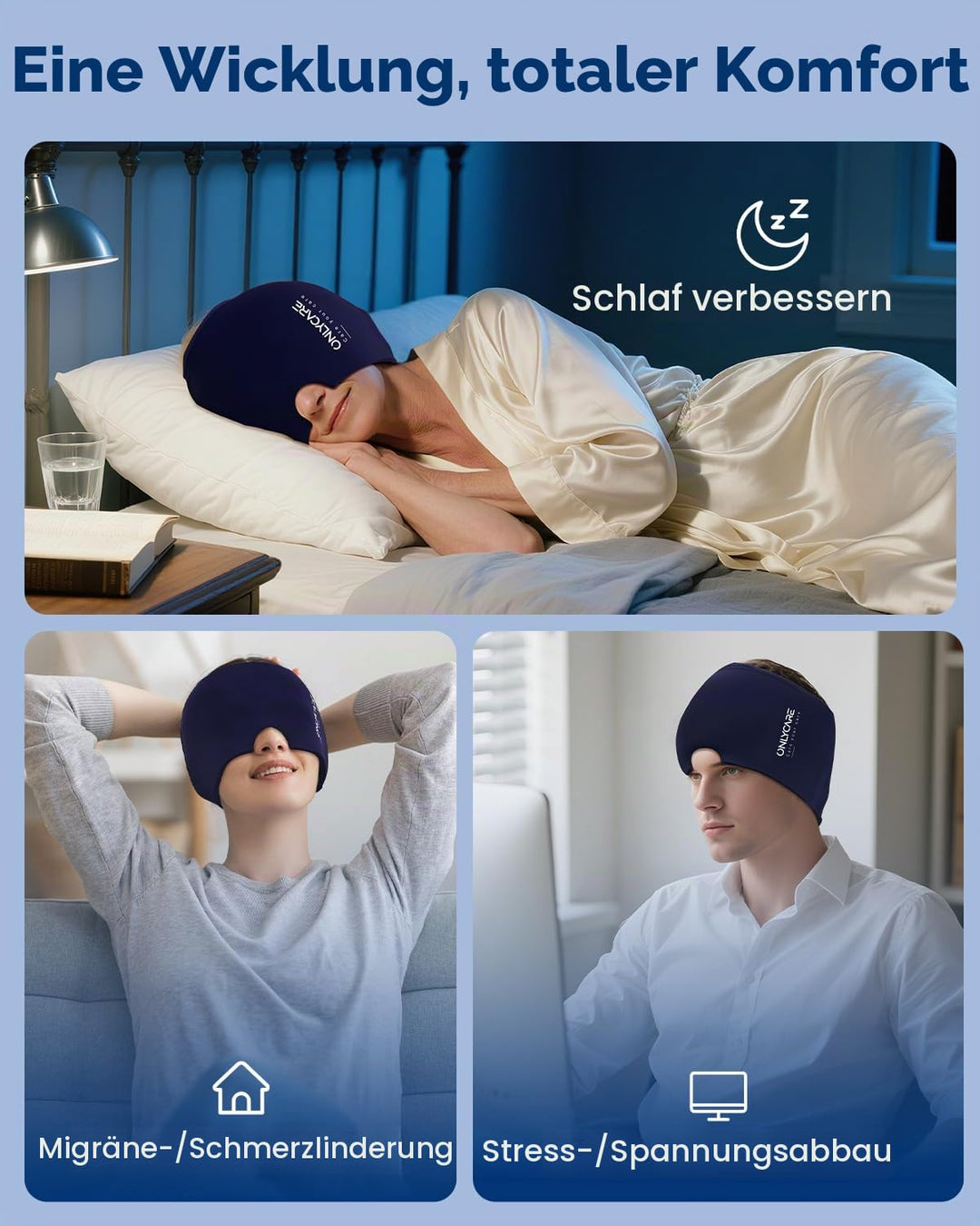 ONLYCARE Migräne Maske, Upgraded Kühlmaske Schlafmaske Kühlmütze Kühlhaube 360° Gel Surround kühlpad