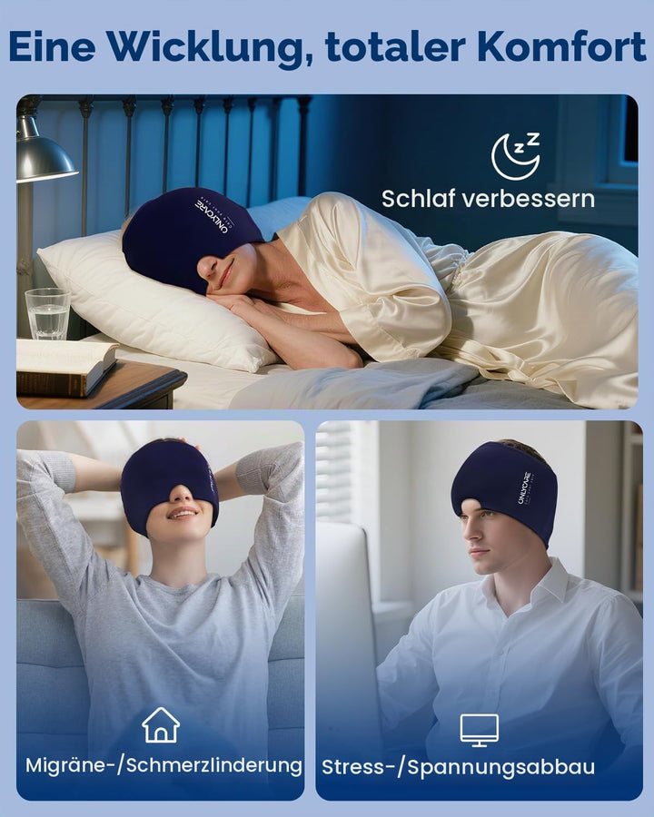 ONLYCARE Migräne Maske, Upgraded Kühlmaske Schlafmaske Kühlmütze Kühlhaube 360° Gel Surround kühlpad