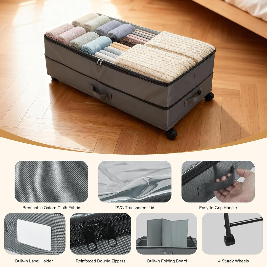 2 Stück Unterbettkommode mit Rollen, 63-90L XXL Gross Unterbett Aufbewahrungsbox mit Rollen Aufbewah