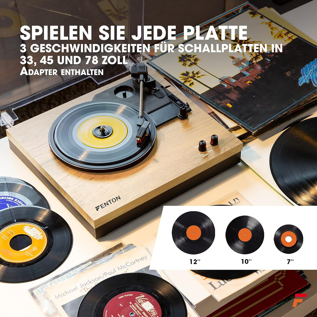 Fenton RP165L Bluetooth Plattenspieler mit Lautsprecher, Schallplattenspieler, Abdeckhaube, Auto Sto
