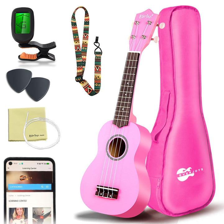 Everjoys Sopran Ukulele Set für Kinder und Erwachsene 21 Zoll Ukulele Starter Kit mit Tasche, Tuner,