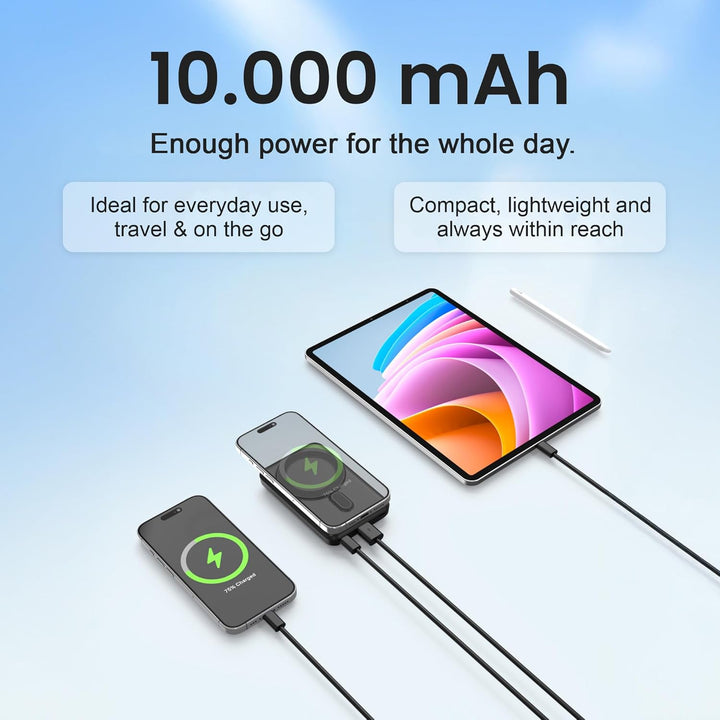 Powerbank 10.000 mAh USB-C Schwarz – Magnetische Wireless Powerbank 20 W, QC 22,5 W & PD 20 W, integ