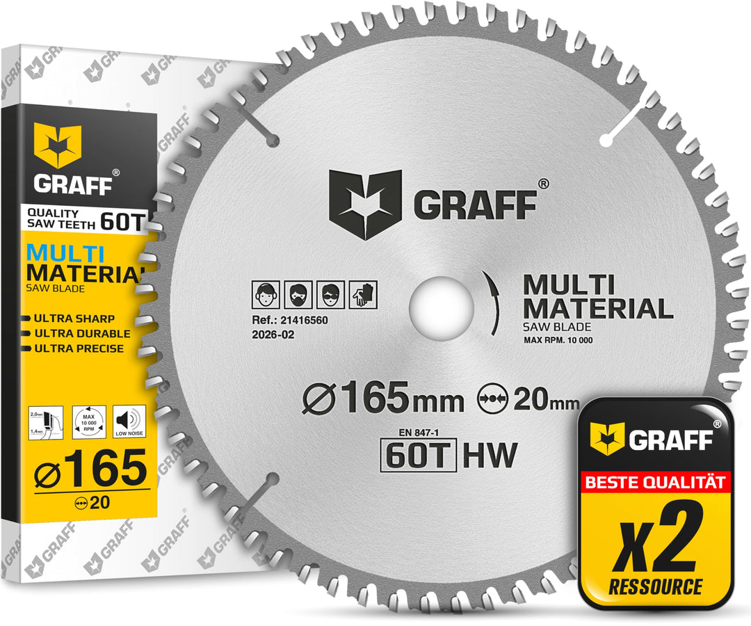 GRAFF Sägeblatt 165x20 Metall Holz Aluminium Laminat Kunststoff – Multi Material Kreissägeblatt 165x