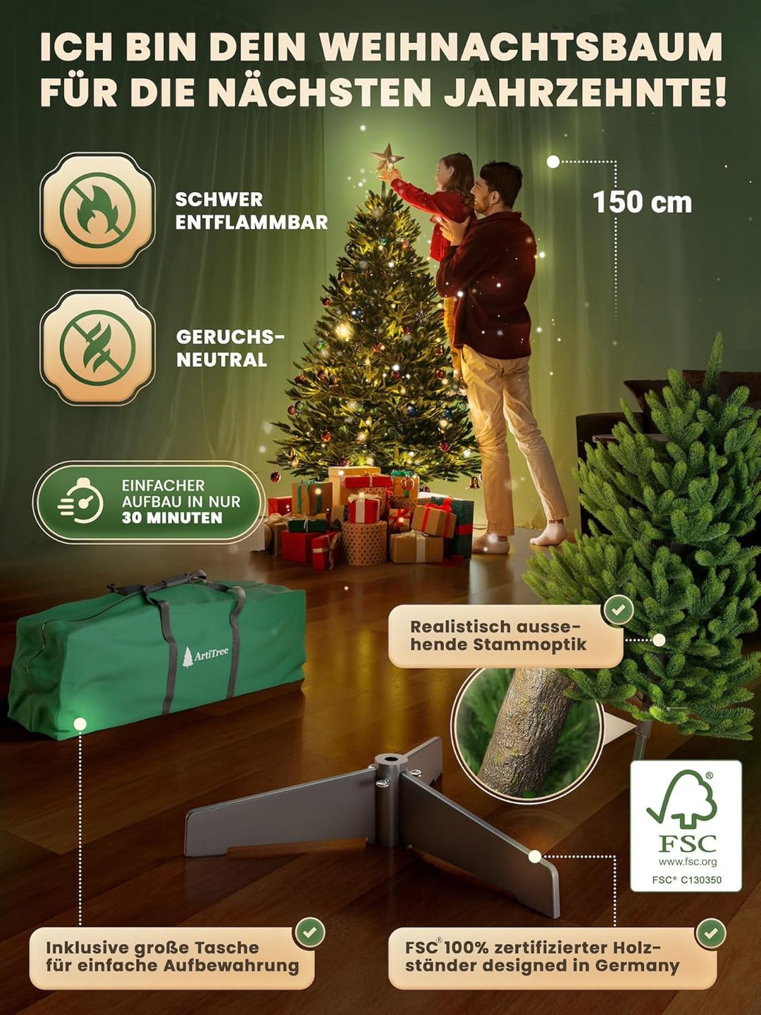 Weihnachtsbaum künstlich [100% Spritzguss] - Naturgetreuer Tannenbaum mit Stabiler Spitze | Premium