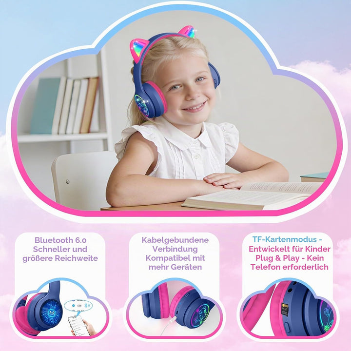 IFECCO Bluetooth Kopfhörer Kinder kabellos mit Aufbewahrungstasche, Kinderkopfhörer Over-Ear mit LED