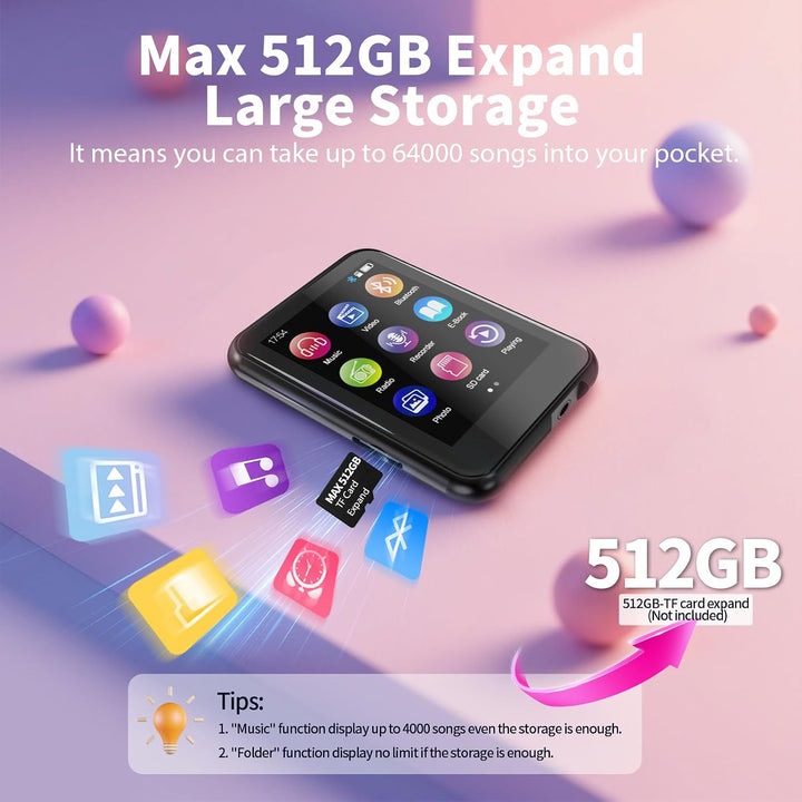 64 GB MP3-Player mit Bluetooth 5.3, 2,4-Zoll-Touchscreen, FM-Radio, Sprachaufzeichnung, Hi-Fi-Sound,