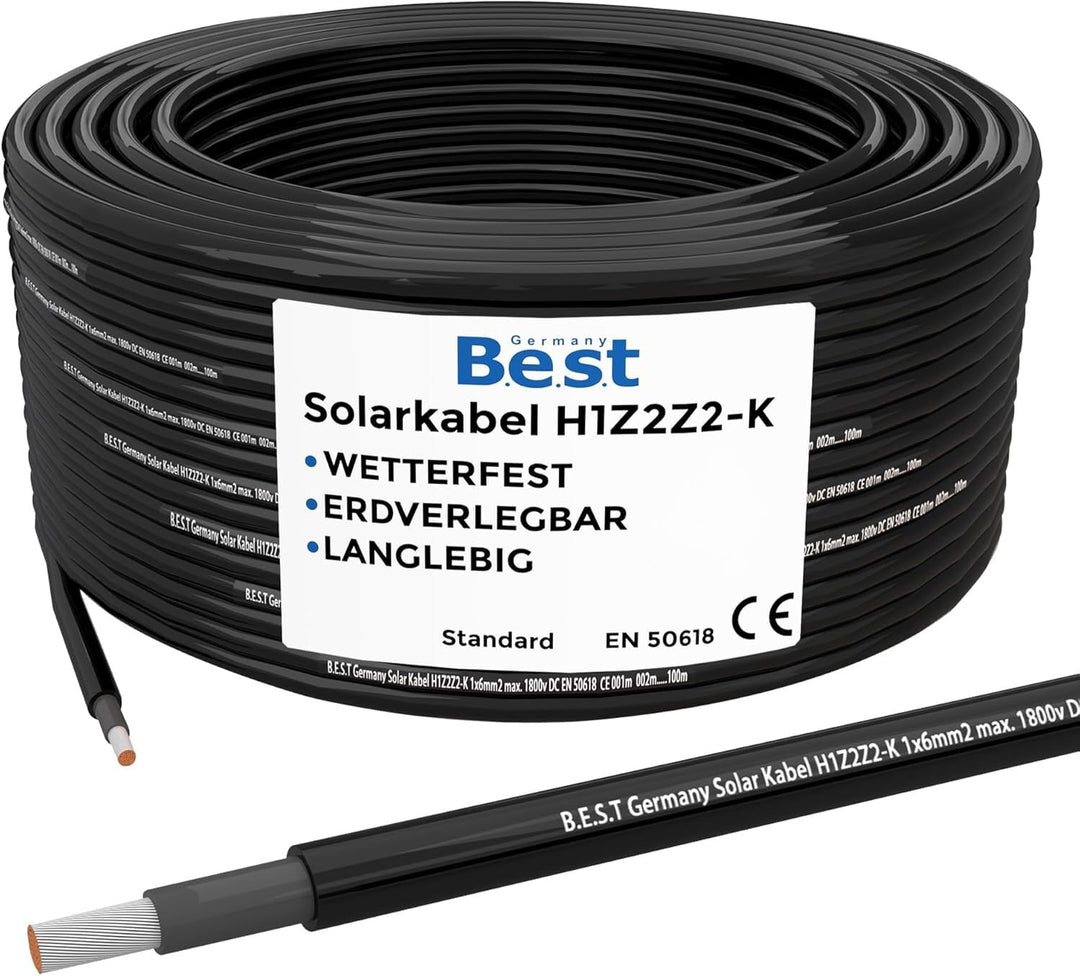 Germany B.E.S.T Solarkabel Solarleitung 10mm² reines Kupferkabel H1Z2Z2-K 10m PV Schwarz 10 M Schwar