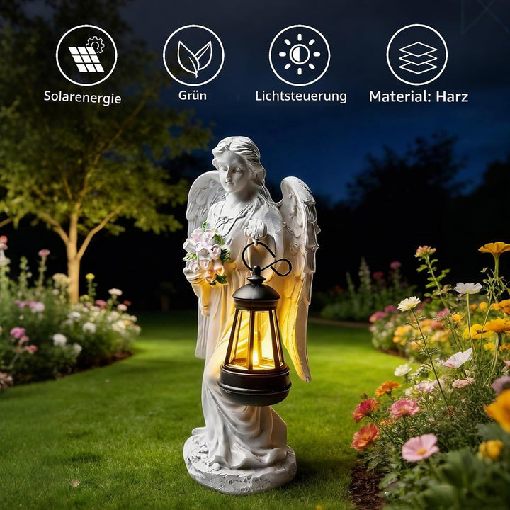 GOMETY Solar Engel Gartenstatuen, Schutzengel-Figur mit LED Solar Laterne, Grablicht Outdoor-Deko, E