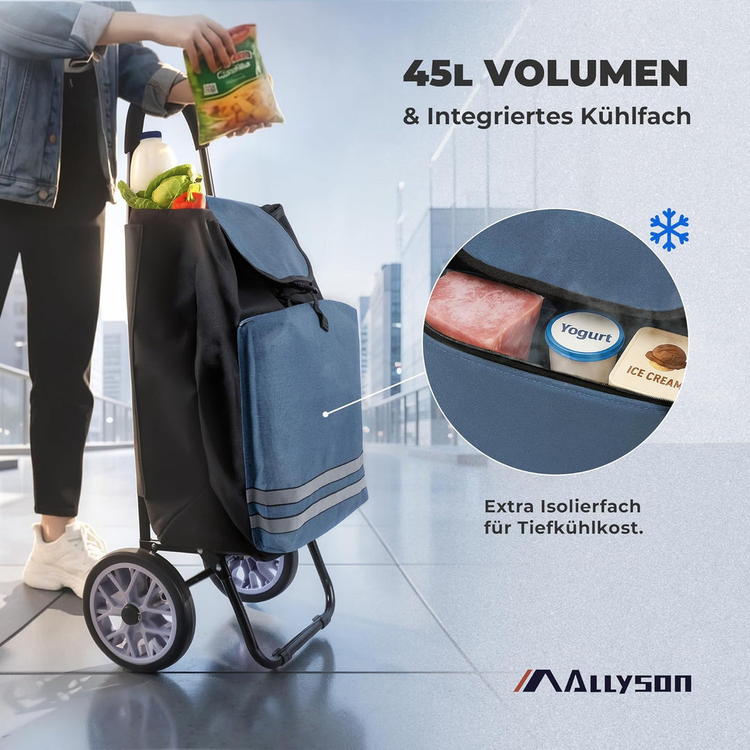 Allyson® Einkaufstrolley klappbar mit Reflektoren & Kühltasche, Einkaufswagen 45L Kapazität, Wetterf